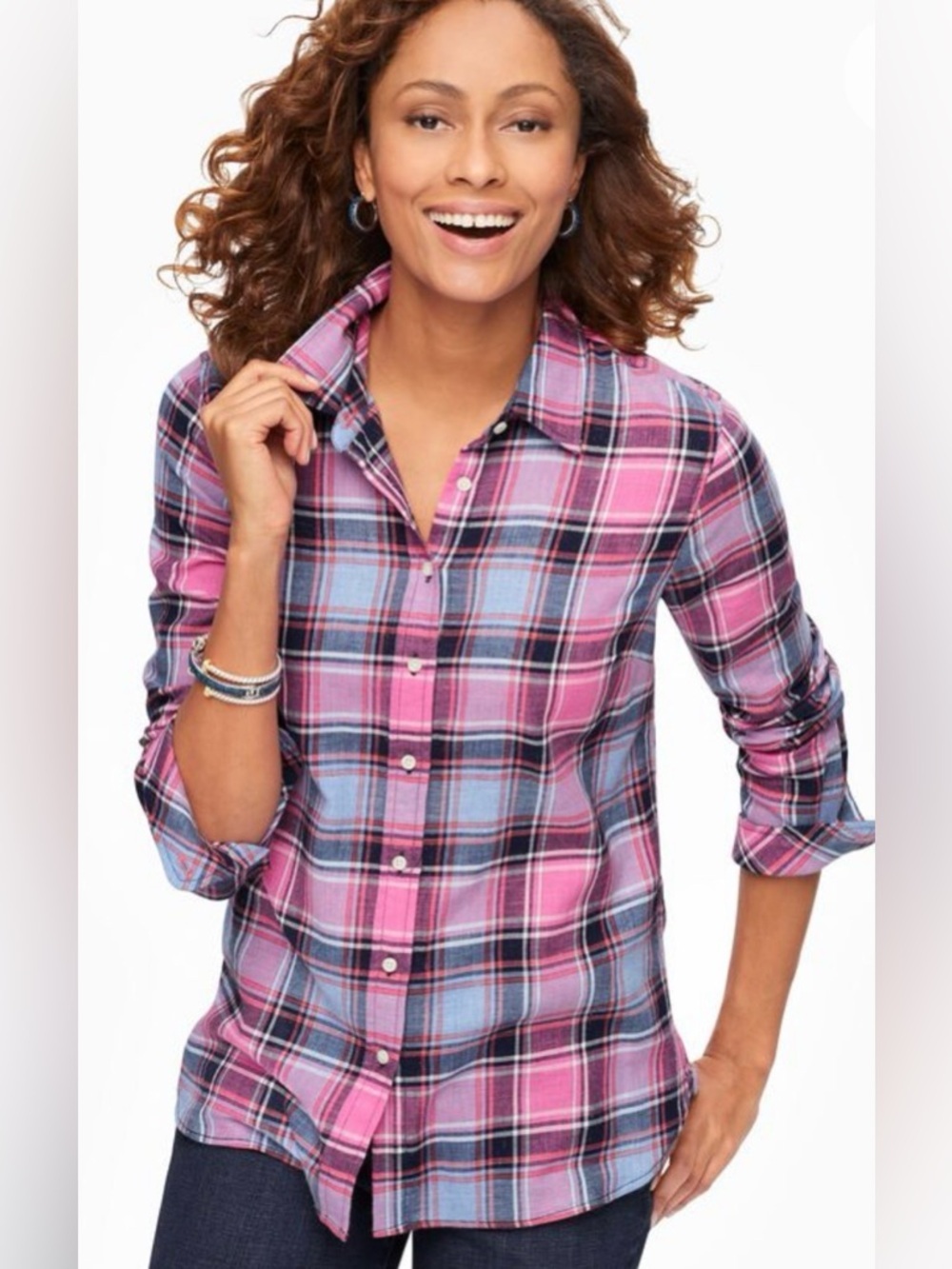 Talbots Classic Cotton Shirt Plaid Button Down Pink Blue Metallic L